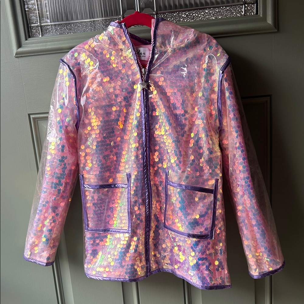 Lola + The Boys Iridescent Sequin Raincoat - Pink and Purple